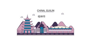 Çin, Guilin şehir simgeleri, vektör şehir turizmi illüstrasyonu