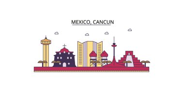 Meksika, Cancun şehir simgeleri, vektör şehir turizmi illüstrasyonu
