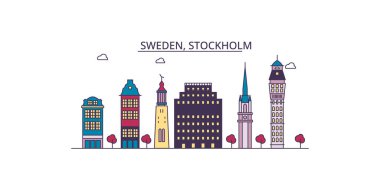 İsveç, Stockholm şehir simgeleri, vektör şehir turizmi illüstrasyonu