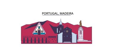 Portekiz, Madeira seyahat simgeleri, vektör şehir turizmi illüstrasyonu