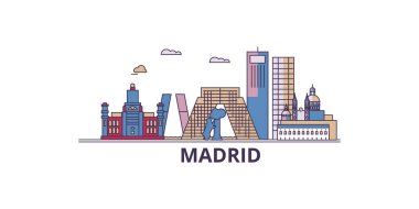 İspanya ve Madrid şehir simgeleri, vektör şehir turizmi illüstrasyonu