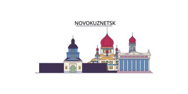 Rusya ve Novokuznetsk seyahat simgeleri, vektör şehir illüstrasyonu