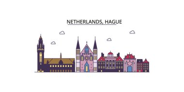 Hollanda ve Lahey seyahat simgeleri, vektör şehir turizmi illüstrasyonu