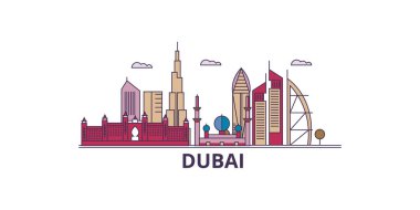 Birleşik Arap Emirlikleri, Dubai Şehri seyahat simgeleri, vektör şehir illüstrasyonu