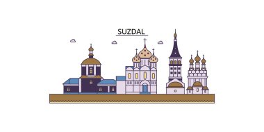 Rusya, Suzdal seyahat simgeleri, vektör şehir turizmi illüstrasyonu