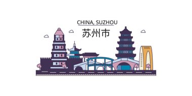 Çin, Suzhou şehir simgeleri, vektör şehir turizmi illüstrasyonu