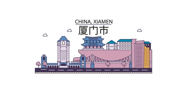 China Xiamen Lugares Interés Turístico Vector Ciudad Turismo Ilustración — Vector de stock