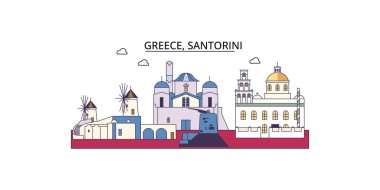 Yunanistan ve Santorini seyahat simgeleri, vektör kent illüstrasyonu