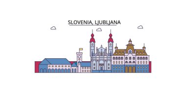 Slovenya ve Ljubljana seyahat simgeleri, vektör kent illüstrasyonu