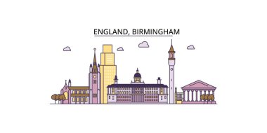 Birleşik Krallık, Birmingham seyahat simgeleri, vektör şehir illüstrasyonu