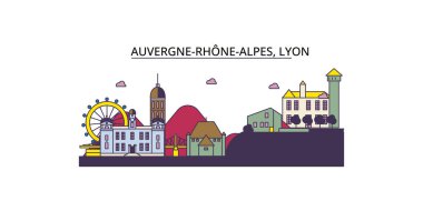 Fransa, Lyon seyahat simgeleri, vektör şehir turizmi illüstrasyonu