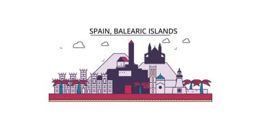 İspanya ve Balearis Adaları seyahat yerleri, vektör şehir illüstrasyonu