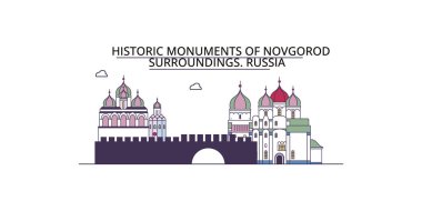 Rusya ve Novgorod seyahat yerleri, vektör şehir turizmi illüstrasyonu