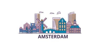 Hollanda, Amsterdam Şehri şehir simgeleri, vektör şehir turizm illüstrasyonu