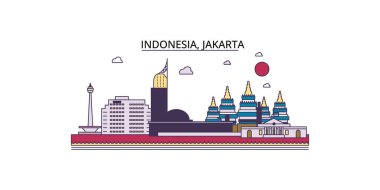 Endonezya, Jakarta seyahat simgeleri, vektör şehir illüstrasyonu