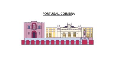 Portekiz, Coimbra seyahat simgeleri, vektör şehir turizmi illüstrasyonu