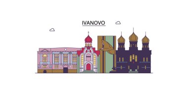 Rusya ve İvanovo seyahat yerleri, vektör şehir turizmi illüstrasyonu