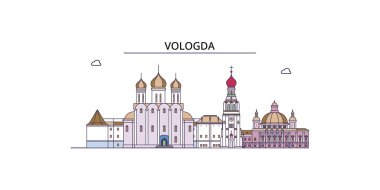 Rusya ve Vologda seyahat yerleri, vektör şehir turizmi illüstrasyonu