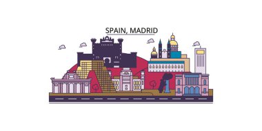 İspanya ve Madrid şehir simgeleri, vektör şehir turizmi illüstrasyonu