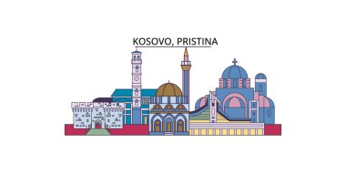 Kosova ve Priştine seyahat simgeleri ve vektör kent illüstrasyonları