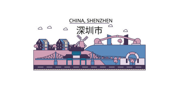 China, Shenzhen travel landmarks, vector city tourism illustration
