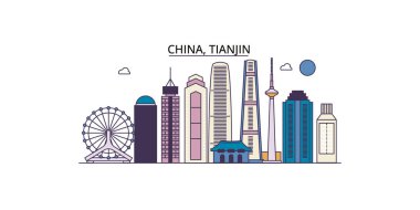 Çin, Tianjin şehir simgeleri, vektör şehir turizmi illüstrasyonu