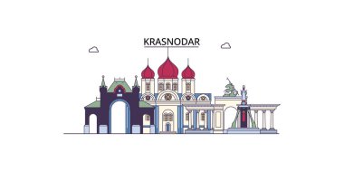 Rusya ve Krasnodar seyahat simgeleri, vektör şehir turizmi illüstrasyonu