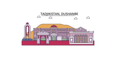 Tadjikistan, Dushanbe seyahat yerleri, vektör şehir turizmi illüstrasyonu