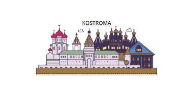Rusya ve Kostroma seyahat simgeleri, vektör şehir turizmi illüstrasyonu