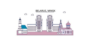 Belarus, Minsk seyahat simgeleri, vektör şehir turizmi illüstrasyonu