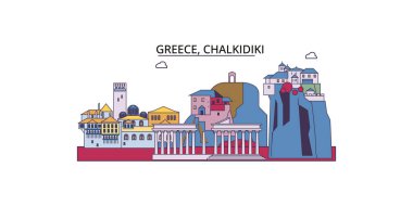 Yunanistan ve Chalkidiki seyahat simgeleri, vektör kent illüstrasyonu