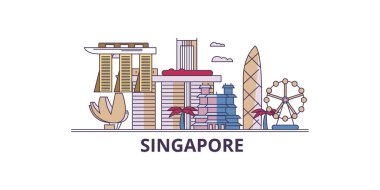 Singapur Şehri şehir simgeleri, vektör şehir turizmi illüstrasyonu