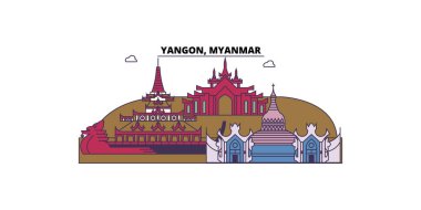 Myanmar, Yangon seyahat simgeleri, vektör şehir turizmi illüstrasyonu