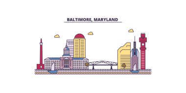 ABD ve Baltimore seyahat simgeleri, vektör şehir turizmi illüstrasyonu