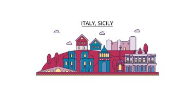 İtalya ve Sicilya şehir simgeleri, vektör şehir turizmi illüstrasyonu