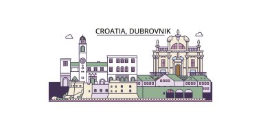 Hırvatistan ve Dubrovnik seyahat simgeleri ve vektör kent illüstrasyonu