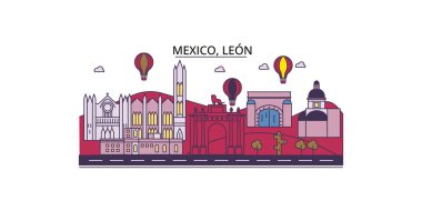 Meksika, Leon şehir simgeleri, vektör şehir turizmi illüstrasyonu