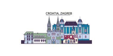 Hırvatistan ve Zagrep 'in tarihi yerleri ve vektör kent illüstrasyonları