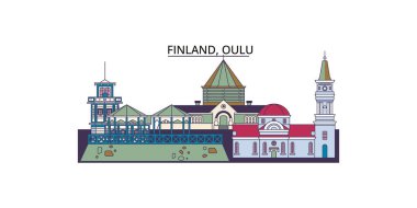 Finlandiya ve Oulu şehir simgeleri, vektör şehir turizmi illüstrasyonu