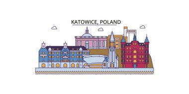 Polonya ve Katowice şehir simgeleri, vektör şehir turizmi illüstrasyonu