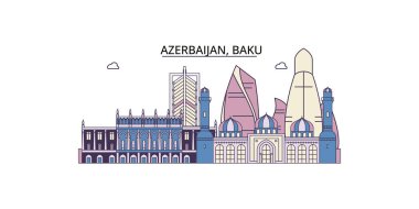 Azerbaycan, Bakü şehir simgeleri, vektör şehir illüstrasyonu