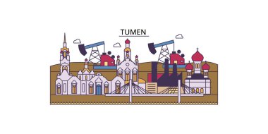 Rusya ve Tumen şehir simgeleri, vektör şehir turizmi illüstrasyonu