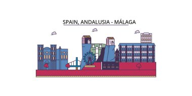 İspanya, Malaga şehir simgeleri, vektör şehir turizmi illüstrasyonu