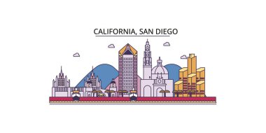 ABD ve San Diego seyahat yerleri, vektör şehir turizmi illüstrasyonu
