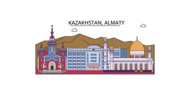 Kazakistan, Almaty seyahat simgeleri, vektör şehir illüstrasyonu