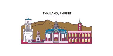 Tayland, Phuket seyahat simgeleri, vektör şehir illüstrasyonu