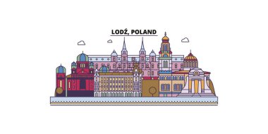 Polonya ve Lodz şehir simgeleri, vektör şehir turizmi illüstrasyonu
