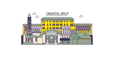 Hırvatistan ve Split seyahat simgeleri, vektör şehir turizmi illüstrasyonu