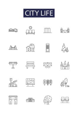 Şehir yaşam çizgisi vektör simgeleri ve işaretleri. metropolis, cosmopolitan, hustle, buzz, diversity, enterprise, nightlife, culture vector outline illustration set