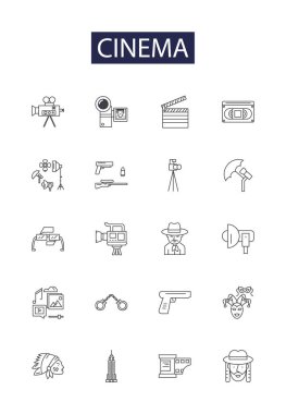 Sinema çizgisi vektör simgeleri ve işaretleri. Film, Tiyatro, Tiyatro İzleyicisi, Video, Reel, Projektör, Blockbuster, Aktörler vektör çizimi çizimi